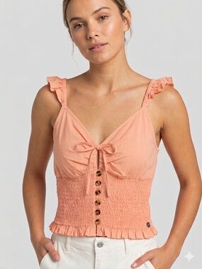 Roxy Peach Ruffle Smocked Button-Front Camisole